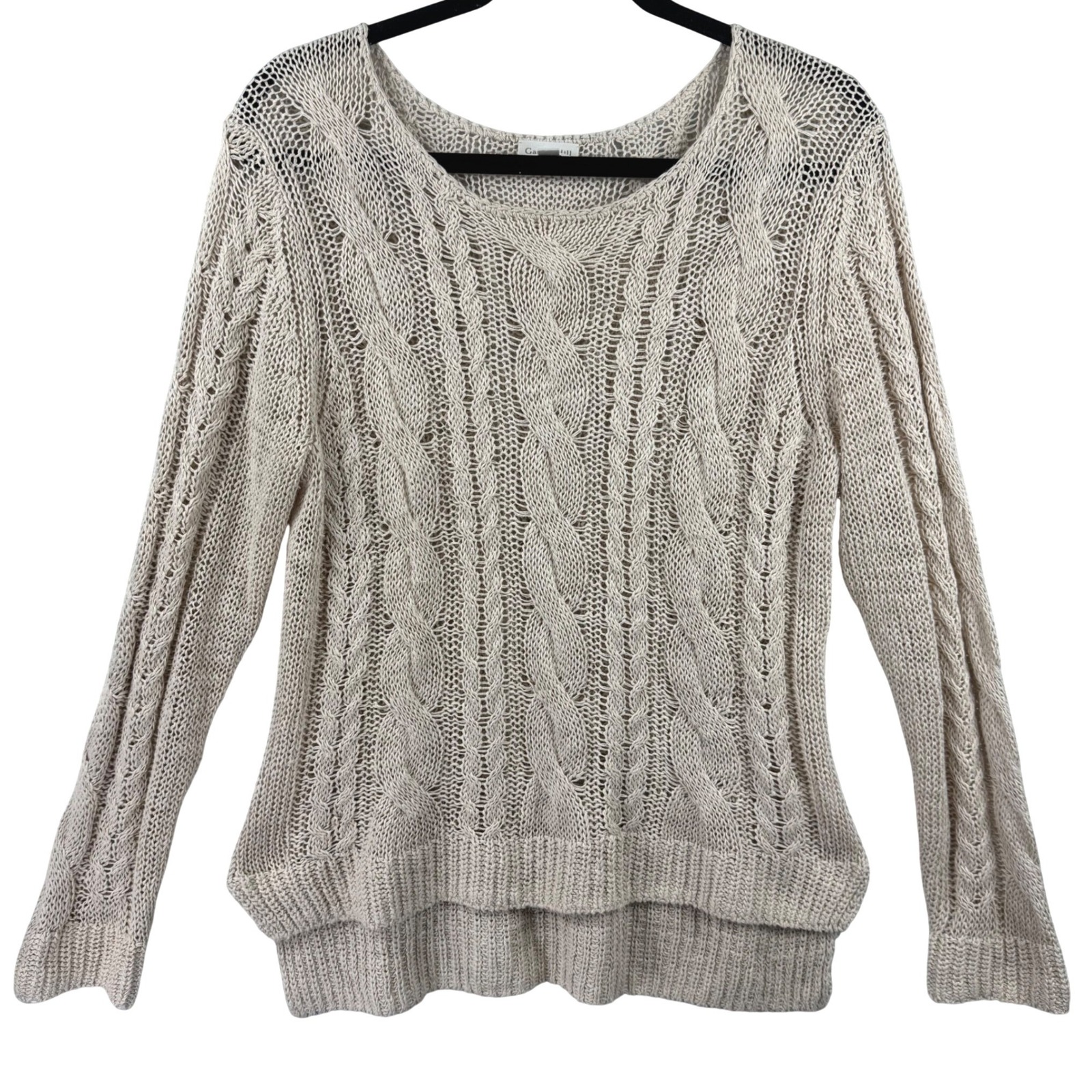 Garnet Hill Sweater Womens Medium Beige Linen Cotton Cable Knit Beachy Coastal — image 2 of 8